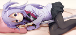 Rule 34 | 10s, 1girl, bassa, bed, black bow, black pantyhose, black skirt, blush, bow, commentary, gakusen toshi asterisk, head on pillow, holding, holding sword, holding weapon, katana, long hair, looking at viewer, lying, on side, pantyhose, pillow, purple eyes, purple hair, school uniform, skirt, solo, sword, toudou kirin, weapon