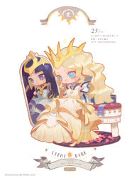 Rule 34 | 1girl, 2019, :o, artist name, blonde hair, blue eyes, blunt bangs, bow, cardcaptor sakura, carpet, character name, chibi, clow card, commentary, cpieng, crown, curly hair, dark (clow card), different reflection, drawer, dress, dress bow, english commentary, english text, eyelashes, frilled dress, frills, highres, layered dress, light (clow card), light blush, long dress, long hair, long sleeves, parted bangs, parted lips, petals, purple eyes, purple hair, reflection, ribbon, shirt, sitting, solo, sparkle, straight hair, watermark, wavy hair, white background, white dress, white shirt, yellow bow, yellow dress, yellow headwear, yellow ribbon