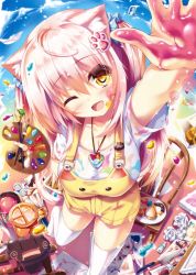 Rule 34 | 1girl, :d, absurdres, ahoge, animal ear fluff, animal ears, arm up, blush, breasts, brush, cat ears, chair, cleavage, cloud, crumpled paper, day, doughnut, fang, food, hair ornament, happy, highres, holding, jewelry, large breasts, looking at viewer, necklace, no shoes, one eye closed, open mouth, original, outdoors, overall shorts, overalls, paint, paint can, paintbrush, painting (object), palette (object), pink hair, plate, polka dot, scan, shiny skin, shirt, sky, slit pupils, smile, solo, suspenders, syroh, t-shirt, thighhighs, white shirt, white thighhighs, wink, yellow eyes, yellow overalls