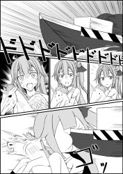 Rule 34 | 1girl, ahoge, azur lane, bad id, bad pixiv id, comic, commentary request, crash, detached sleeves, hugging doll, greyscale, hair bun, hair ribbon, highres, in the face, long hair, looking at viewer, monochrome, hugging object, open mouth, punching, ribbon, scared, ship, silent comic, single hair bun, solo, sweat, trembling, unicorn (azur lane), watercraft, you&#039;re doing it wrong, yukani 0721