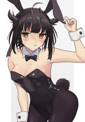 Rule 34 | 1girl, alternate costume, animal ears, black bow, black bowtie, black hair, black headband, black leotard, black pantyhose, blush, bow, bowtie, breasts, brown eyes, cleavage, closed mouth, commentary, detached collar, fake animal ears, fake tail, hachimaki, hair flaps, hatsuzuki (kancolle), headband, highres, kantai collection, leotard, looking at viewer, medium breasts, pantyhose, playboy bunny, rabbit ears, rabbit tail, simple background, solo, sweat, tail, two-tone background, waco, wrist cuffs