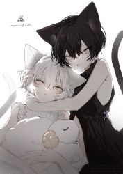 Rule 34 | 2boys, 81kaia, :&lt;, animal ears, bare arms, bishounen, black hair, black shirt, brown eyes, cat, cat boy, cat ears, cat tail, dress, hair between eyes, highres, holding, holding stuffed toy, hug, looking at viewer, multiple boys, multiple tails, open mouth, original, shirt, short hair, simple background, sleeveless, sleeveless dress, sleeveless shirt, stuffed animal, stuffed sheep, stuffed toy, tail, white background, white hair, white shirt