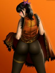 Rule 34 | 1girl, absurdres, ass, black hair, black pantyhose, blush, china dress, chinese clothes, clothes lift, cowboy shot, dress, dress lift, erodrunky, eyelashes, from behind, highres, lifted by self, ling xiaoyu, namco, no panties, orange background, pantyhose, smile, solo, standing, tekken, tekken 7, twintails