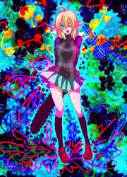 Rule 34 | 1girl, :p, ahoge, amoyu (amcolo), arms behind back, blonde hair, blue eyes, breasts, chainsaw, colorful, large breasts, looking at viewer, one eye closed, psychedelic, short hair, skirt, solo, standing, thighhighs, tongue, tongue out, turtleneck, urotsuki, wink, yume 2kki
