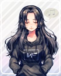 Rule 34 | 1girl, artist name, black hair, blush, breasts, closed mouth, commission, drawstring, closed eyes, facing viewer, hands in pockets, headphones, highres, hood, hood down, hoodie, long hair, medium breasts, musical note, original, sasucchi95, smile, solo, speech bubble, spoken musical note, watermark