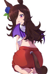 Rule 34 | 1girl, absurdres, animal ears, ass, back, barefoot, black hair, blue flower, blue rose, clothing cutout, commentary, demon horns, fangs, feet, flower, from behind, frown, gym shirt, gym uniform, hair flower, hair ornament, hair over one eye, highres, horns, horse ears, horse girl, horse tail, leaning forward, long hair, looking at viewer, looking back, midriff, mugi no hikyaku, open mouth, pants, purple eyes, purple wings, red pants, rice shower (umamusume), rose, seiza, shirt, simple background, sitting, soles, solo, t-shirt, tail, tail through clothes, toes, track pants, umamusume, white background, white shirt, wings