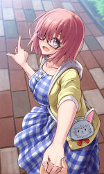 Rule 34 | 1boy, 1girl, asymmetrical bangs, bag, blue dress, breasts, casual, character bag, commentary, dress, fate/grand order, fate (series), fou (fate), gingham dress, glasses, hair over one eye, handbag, highres, hood, hooded jacket, jacket, large breasts, mash kyrielight, mash kyrielight (senpai killer outfit), official alternate costume, open mouth, outdoors, park, pink hair, pointing, pov, pov hands, purple eyes, short hair, silent sakia, sleeves past elbows, smile, solo focus, yellow jacket