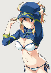 Rule 34 | 1girl, adjusting clothes, adjusting headwear, ahoge, arms up, artist name, artoria pendragon (fate), baseball cap, bikini, blonde hair, blue eyes, blue hat, blue jacket, breasts, cleavage, closed mouth, commentary request, cowboy shot, dated, fate/grand order, fate (series), grey background, groin, hair through headwear, hat, highres, jacket, long sleeves, looking at viewer, medium breasts, medium hair, mysterious heroine x (fate), mysterious heroine xx (fate), navel, ponytail, shikei, shrug (clothing), side-tie bikini bottom, sidelocks, signature, simple background, smile, solo, standing, swimsuit, white bikini, wristband, zipper
