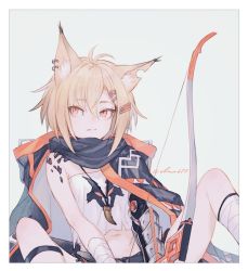 Rule 34 | 1girl, ahoge, animal ears, arknights, arm guards, bandaged arm, bandaged leg, bandages, black jacket, black shorts, blonde hair, blouse, bow (weapon), breasts, closed mouth, commentary, earrings, elmar, eyelashes, fang, fox ears, grey background, hair between eyes, hair ornament, hairclip, holding, holding bow (weapon), holding weapon, jacket, jacket on shoulders, jewelry, looking to the side, material growth, midriff, navel, notched ear, off-shoulder shirt, off shoulder, oripathy lesion (arknights), red eyes, shirt, short hair, short shorts, shorts, simple background, sitting, sleeveless, small breasts, solo, spread legs, strapless, thighs, torn clothes, torn shirt, tube top, vermeil (arknights), weapon, white shirt