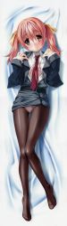 Rule 34 | 1girl, absurdres, asakura shiori, axl (company), bed, bed sheet, black pantyhose, blazer, blush, bra, brown eyes, clothes lift, crotch seam, dakimakura (medium), from above, full body, highres, huge filesize, itoshii kanojo no mamorikata, jacket, legs, long legs, looking at viewer, lying, miniskirt, necktie, on back, on bed, open clothes, open shirt, panties, panties under pantyhose, pantyhose, pink bra, pink hair, pink panties, senomoto hisashi, shirt, skirt, skirt lift, solo, twintails, underwear, upskirt