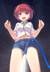 Rule 34 | 1girl, blueberry (5959), denim, denim shorts, emphasis lines, from below, highres, hose, navel, open mouth, original, red eyes, red hair, short hair, shorts, solo, tears, water