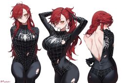 Rule 34 | 1girl, absurdres, adjusting hair, aki (maenoo), arms behind head, arms up, back, black bodysuit, blush, bodysuit, breasts, butt crack, closed mouth, cosplay, cowboy shot, earrings, from behind, hair between eyes, head tilt, highres, jewelry, large breasts, long hair, looking at viewer, maenoo, marvel, mouth hold, multiple views, original, ponytail, red hair, rubber band, simple background, spider-man, spider-man (cosplay), spider-man (series), spider-man 3, spider web print, sweat, torn bodysuit, torn clothes, twitter username, v arms, very long hair, white background, yellow eyes