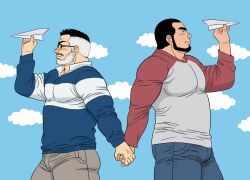 Rule 34 | 2boys, age difference, argyle, banjyaku, bara, beard, belly, black-framed eyewear, black hair, blue pants, blue sky, blush, brown pants, buzz cut, collared shirt, denim, facial hair, feet out of frame, from side, glasses, hand up, highres, holding hands, jeans, large pectorals, male focus, mature male, multicolored hair, multiple boys, muscular, muscular male, mustache, old, old man, original, pants, paper airplane, pectorals, red sleeves, shirt, short hair, sky, smile, thick eyebrows, thick thighs, thighs, two-tone hair, very short hair, white hair