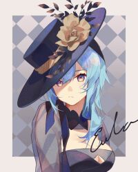 Rule 34 | 1girl, alternate costume, argyle, argyle background, argyle clothes, black collar, black hat, blue hair, border, breasts, character name, checkered background, cleavage, closed mouth, collar, commentary, cursive, eula (genshin impact), fashion, flower, genshin impact, hat, hat flower, highres, looking at viewer, medium breasts, medium hair, multicolored eyes, oriori 0201, purple eyes, rainbow eyes, see-through, see-through sleeves, shade, sidelocks, solo, symbol-only commentary, upper body, yellow border