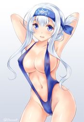 Rule 34 | 10s, 1girl, armpits, arms up, bad id, bad twitter id, bikini, blue bikini, blue eyes, blue one-piece swimsuit, blue slingshot swimsuit, blush, breasts, covered erect nipples, folded ponytail, gradient background, headband, kamoi (kancolle), kantai collection, large breasts, long hair, looking at viewer, navel, nikoo, one-piece swimsuit, open mouth, simple background, slingshot swimsuit, solo, swimsuit, twitter username, white hair