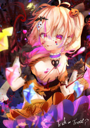 Rule 34 | 1girl, :q, absurdres, ahoge, alternate costume, bandages, bat hair ornament, black gloves, blonde hair, blurry, blurry background, branch, breasts, calpis118, choker, commentary, crystal, ear piercing, english commentary, english text, flandre scarlet, food-themed hair ornament, frilled skirt, frills, ghost hair ornament, gloves, hair between eyes, hair ornament, hairclip, halloween, halloween bucket, halloween costume, heart, highres, looking at viewer, looking back, medium breasts, moon, orange skirt, piercing, pumpkin hair ornament, red eyes, shoulder blades, skirt, smile, solo, star-shaped pupils, star (symbol), symbol-shaped pupils, tongue, tongue out, touhou, tree, upper body, wings, wrist cuffs