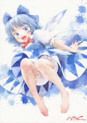 Rule 34 | 1girl, :d, barefoot, bloomers, blouse, blue dress, blue eyes, blue hair, blue ribbon, blush, bow, cirno, dress, dress shirt, fairy wings, feet, graphite (medium), hair bow, happy, ice, ice wings, legs, misawa hiroshi, open mouth, painting (medium), puffy short sleeves, puffy sleeves, ribbon, shirt, short hair, short sleeves, smile, solo, texture, toes, touhou, traditional media, underwear, watercolor (medium), white shirt, white shirt, wings