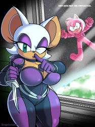 Rule 34 | 2girls, among us, amy rose, artist name, bodysuit, breasts, cleavage, eyelashes, eyeshadow, finger to mouth, floating, furry, furry female, green eyes, half-closed eyes, highres, holding, holding weapon, indoors, knife, large breasts, lips, lipstick, looking at viewer, makeup, multiple girls, omegasunburst, one eye closed, purple bodysuit, purple eyeshadow, purple lips, rouge the bat, sonic (series), space, spacesuit, standing, thick thighs, thighs, weapon, wide hips, wink