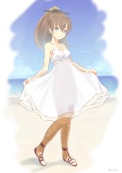 Rule 34 | 10s, 1girl, alternate costume, bare shoulders, beach, blue eyes, blush, brown hair, dress, highres, kantai collection, kumano (kancolle), long hair, looking at viewer, ponytail, sandals, smile, solo, sundress, wa (genryusui)