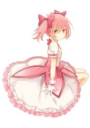 Rule 34 | 10s, 1girl, bad id, bad pixiv id, bow, bubble skirt, dress, frills, gloves, hair ribbon, jewelry, kaname madoka, magical girl, mahou shoujo madoka magica, mahou shoujo madoka magica (anime), pink eyes, pink hair, ribbon, sad, short hair, short twintails, simple background, sitting, skirt, solo, twintails, wensui, white gloves
