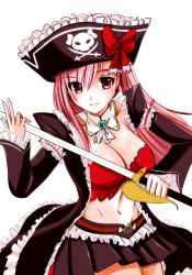 Rule 34 | 1girl, bow, breasts, captain liliana, cecil (wing r), frills, hat, highres, jolly roger, large breasts, long hair, miniskirt, pink eyes, pink hair, pirate, pirate hat, pleated skirt, queen&#039;s blade, queen&#039;s blade rebellion, ribbon, skirt, skull and crossed swords, solo, sword, very long hair, weapon