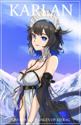 Rule 34 | 1girl, arknights, bare shoulders, black hair, blue eyes, blue hair, blue lips, blue sky, breasts, cleavage, cloud, commentary request, day, detached collar, detached sleeves, dress, highres, jewelry, kjera (arknights), kjera (ingenious servant) (arknights), large breasts, looking at viewer, lunn, maid, maid headdress, mountain, multicolored hair, official alternate costume, outdoors, pendant, short hair, sky, smile, solo, strapless, strapless dress, tail, upper body, v arms, white dress