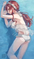 Rule 34 | 1girl, ass, bare back, bare legs, bikini, breasts, frills, front-tie bikini top, front-tie top, hairband, halterneck, highres, idolmaster, idolmaster shiny colors, in water, komina tano (cominaya), long hair, looking at viewer, looking to the side, medium breasts, osaki amana, outdoors, red eyes, red hair, see-through, sideboob, sidelocks, sleeveless, smile, solo, swimsuit, water, wet, wet clothes, wet hair, wet swimsuit, white bikini, white hairband