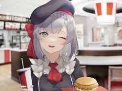 Rule 34 | 1girl, ;d, alternate costume, apron, ascot, blunt bangs, blush, bow, braid, burger, cabbie hat, chair, drink, drinking straw, employee uniform, fast food, fast food uniform, food, genshin impact, green eyes, grey hair, hair bow, hat, highres, holding, holding drink, kb beary, looking at viewer, noelle (genshin impact), noelle (kfc) (genshin impact), one eye closed, open mouth, red ascot, red bow, restaurant, short hair, smile, solo, teeth, tray, uniform, upper body, upper teeth only, waitress