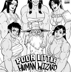 Rule 34 | 1boy, 5girls, absurdres, armor, bb (baalbuddy), bikini armor, black hair, breasts, cleavage, english text, fang, fang out, fangs, female orc, greyscale, hat, highres, large breasts, looking at viewer, meme, monochrome, multiple girls, muscular, muscular female, orc, original, parody, pointy ears, smile, topless male, wizard, wizard hat