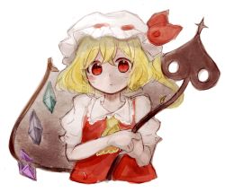 Rule 34 | 1girl, ascot, blonde hair, blush, cropped torso, crystal, expressionless, flandre scarlet, hat, hat ribbon, highres, laevatein (touhou), looking at viewer, mob cap, puffy short sleeves, puffy sleeves, red eyes, red vest, ribbon, shirt, short sleeves, skirt, solo, tama (hiroshige 36), touhou, upper body, vest, wings