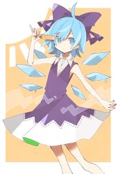 Rule 34 | 1girl, absurdres, ahoge, blue eyes, blue hair, blush, bow, cirno, detached wings, dress, dripping, feet out of frame, food, hair bow, hand up, hatsushiro mamimu, highres, holding, holding food, ice, ice wings, looking at viewer, popsicle, purple bow, purple dress, short hair, sleeveless, sleeveless dress, solo, standing, sun, touhou, wings, yellow background