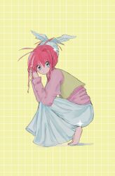 Rule 34 | 1girl, absurdres, antenna hair, aqua eyes, barefoot, closed mouth, commentary, dot mouth, feet, full body, grid background, headdress, highres, hunter x hunter, looking at viewer, neon nostrade, own hands together, pink hair, pink shirt, shirt, sitting, skirt, solo, sparkle, squatting, tamaaaneg1, toes, vest, white headdress, white skirt, yellow background, yellow vest