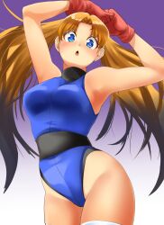 Rule 34 | 1girl, absurdres, armpits, arms up, athletic leotard, blue eyes, blue leotard, blush, breasts, brown hair, commentary request, gloves, groin, highleg, highleg leotard, highres, leotard, long hair, looking at viewer, medium breasts, nanao futaba, numan athletics, open mouth, own hands together, red gloves, sharon les halles, solo, thighhighs, thighs, twintails, white thighhighs