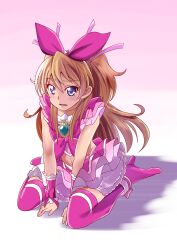 Rule 34 | 1girl, absurdres, between legs, blue eyes, bow, brown hair, collarbone, cosplay, crop top, cure melody, cure melody (cosplay), hair between eyes, hair bow, hair ornament, hand between legs, heart, heart hair ornament, high heels, highres, houjou hibiki, layered skirt, long hair, midriff, miniskirt, navel, open mouth, pink bow, pink footwear, pink skirt, pink thighhighs, precure, sitting, skirt, sleeveless, solo, stomach, suite precure, thighhighs, tirofinire, twintails, very long hair, wariza, wavy mouth, zettai ryouiki