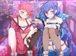 Rule 34 | 2girls, absurdres, ahoge, black choker, black thighhighs, blue hair, blue jacket, blush, breasts, choker, cleavage, cropped jacket, cropped shirt, double bun, duel monster, evil twin ki-sikil, evil twin lil-la, fishnet thighhighs, fishnets, green eyes, hair bun, hair ornament, heart, heart hair ornament, highres, jacket, ki-sikil (yu-gi-oh!), large breasts, leotard, lil-la (yu-gi-oh!), lipstick mark, lipstick mark on breast, long hair, looking at viewer, medium hair, multiple girls, nail polish, pink nails, purple eyes, purple nails, red hair, red jacket, riyo (ryon 96), shirt, shoes, single thighhigh, smile, star (symbol), star hair ornament, thigh strap, thighhighs, tongue, tongue out, torn clothes, torn thighhighs, white footwear, white leotard, white shirt, yu-gi-oh!
