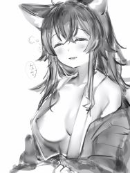 Rule 34 | 1girl, animal ears, bad id, bad pixiv id, bathrobe, blush, breasts, closed eyes, facing viewer, greyscale, highres, hololive, large breasts, long hair, monochrome, nanashi (nlo), nipple slip, nipples, ookami mio, simple background, smile, solo, virtual youtuber, white background, wolf ears