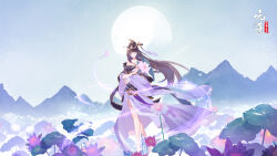 Rule 34 | 1girl, bare legs, bare shoulders, barefoot, breasts, brown hair, bug, butterfly, chinese clothes, cleavage, closed eyes, closed mouth, flower, full body, hair ornament, hanfu, highres, holding, holding flower, insect, large breasts, long hair, medium breasts, moon, mountain, plant, smile, solo, unpl, yuan zun
