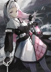 Rule 34 | 1girl, arknights, azuazu 0405, black jacket, breasts, capelet, closed mouth, cloud, cloudy sky, dutch angle, female focus, grey eyes, grey hair, highres, holding, holding lantern, horizon, irene (arknights), jacket, lantern, long hair, long sleeves, looking at viewer, multicolored hair, ocean, pink hair, puffy long sleeves, puffy sleeves, skirt, sky, small breasts, solo, two-tone hair, very long hair, water, white capelet, white skirt
