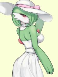 Rule 34 | 1girl, adjusting clothes, adjusting headwear, arm at side, back, blush, bob cut, choker, closed mouth, clothed pokemon, colored skin, cowboy shot, creatures (company), dress, female focus, from behind, game freak, gardevoir, gen 3 pokemon, green hair, green skin, hair over one eye, hand up, happy, hat, hat ribbon, lalan, looking at viewer, looking back, multicolored skin, nintendo, one eye covered, pink ribbon, pokemon, pokemon (creature), red eyes, ribbon, short hair, simple background, smile, solo, standing, strapless, strapless dress, sun hat, two-tone skin, white choker, white dress, white hat, white skin, yellow background