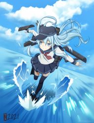 Rule 34 | 1girl, 2021, alt text, black thighhighs, blue skirt, hibiki (kancolle), highres, kantai collection, painapple, red neckwear, running on liquid, russian commentary, school uniform, skirt, solo, thighhighs, water