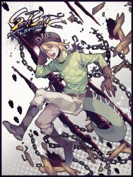 Rule 34 | 1boy, blonde hair, boots, chain, diego brando, green shirt, hat, jojo no kimyou na bouken, male focus, scary monsters (stand), shirt, solo, stand (jojo), steel ball run, tail, wenny02