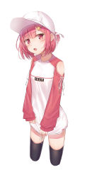 Rule 34 | 1girl, :o, absurdres, black thighhighs, blush, breasts, clothes writing, clothing cutout, cropped legs, hair ornament, hairclip, hat, head tilt, highres, long shirt, long sleeves, looking at viewer, momingie, open mouth, original, peaked cap, pink eyes, pink hair, pink sleeves, raglan sleeves, shirt, short hair, short ponytail, shoulder cutout, sidelocks, simple background, sleeves past wrists, small breasts, solo, star (symbol), star hair ornament, thighhighs, white background, white hat, white shirt