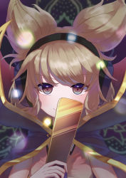 Rule 34 | 1girl, blurry, blurry background, blush, breasts, cape, closed mouth, commentary request, earmuffs, gold trim, hand up, highres, holding, holding stick, light brown hair, looking at viewer, pink shirt, pointy hair, purple background, purple cape, purple eyes, ritual baton, shirt, short hair, simple background, sleeveless, sleeveless shirt, small breasts, smile, solo, stick, touhou, toyosatomimi no miko, tsukuyono, upper body
