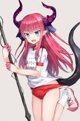 Rule 34 | 10s, 1girl, alternate costume, asymmetrical horns, bad id, bad nicoseiga id, blue eyes, blush, breasts, buruma, commentary request, dragon tail, elizabeth bathory (fate), fang, fate/extra, fate/extra ccc, fate (series), gym uniform, highres, horns, long hair, looking at viewer, nonon (xenonbot), open mouth, pink hair, pointy ears, shirt, short sleeves, small breasts, smile, socks, solo, standing, standing on one leg, tail, translated, tsurime, uneven horns, white socks