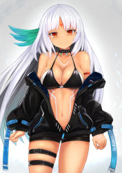 Rule 34 | 1girl, azur lane, bare shoulders, bikini, bikini top only, bikini under clothes, black bikini, black jacket, black shorts, blush, breasts, cleavage, closed mouth, collarbone, commentary request, facial mark, fingernails, forehead mark, halterneck, highres, jacket, large breasts, long hair, long sleeves, looking at viewer, massachusetts (azur lane), native american, navel, off shoulder, partially unzipped, puffy long sleeves, puffy sleeves, red eyes, ryara, short shorts, shorts, silver hair, smile, solo, swimsuit, swimsuit under clothes, very long hair