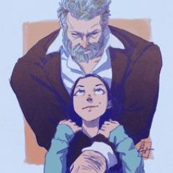 Rule 34 | 1girl, animification, blue background, blue jacket, brown hair, father and daughter, jacket, laura kinney, logan (movie), lowres, marvel, white hair, wolverine (x-men), x-23, x-men