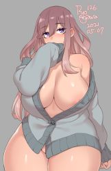 Rule 34 | 1girl, 2021, agawa ryou, blue eyes, breasts, brown hair, curvy, dated, grey background, huge breasts, long hair, looking at viewer, nipple slip, nipples, original, simple background, solo, thick thighs, thighs, wide hips