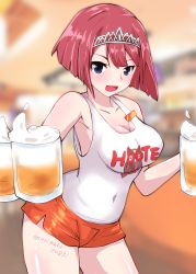 Rule 34 | 1girl, absurdres, alcohol, alternate breast size, alternate costume, ark royal (kancolle), armpits, beer, beer mug, blue eyes, blunt bangs, blurry, blurry background, blush, bob cut, breasts, cleavage, covered navel, cup, employee uniform, highres, holding, holding cup, hooters, inverted bob, kantai collection, kitahama (siroimakeinu831), large breasts, looking at viewer, mug, open mouth, orange shorts, red hair, shirt, short hair, short shorts, shorts, solo, tank top, thighs, tiara, twitter username, uniform, waitress, white shirt
