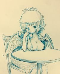 Rule 34 | 1girl, arinu, bird wings, blush, breast rest, breasts, breasts on table, breasts out, chair, collarbone, commentary, dress, earrings, feathered wings, flashing, graphite (medium), hat, highres, jewelry, large breasts, medium hair, monochrome, mystia lorelei, nipples, no bra, open clothes, oppai challenge, round table, sitting, sketch, solo, table, touhou, traditional media, wings