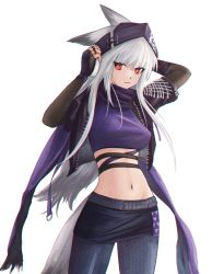 Rule 34 | 1girl, absurdres, animal ears, arknights, arms up, black gloves, black headwear, black jacket, black skirt, breasts, commentary request, cowboy shot, crop top, fingerless gloves, fox ears, fox tail, frostleaf (arknights), frostleaf (breaking the ice) (arknights), gloves, grey hair, grey pants, highres, jacket, leggings, long hair, looking at viewer, medium breasts, midriff, miniskirt, navel, official alternate costume, open clothes, open jacket, pants, pantyhose, pencil skirt, purple shirt, red eyes, shirt, simple background, skirt, smile, solo, standing, stomach, superbeek4, tail, very long hair, white background